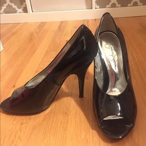 Black Patented Leather Peep Toe Shoes